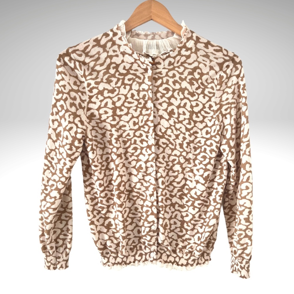 J. CREW Leopard Print Cardigan Ruffle Trim 100% Merino Wool Medium